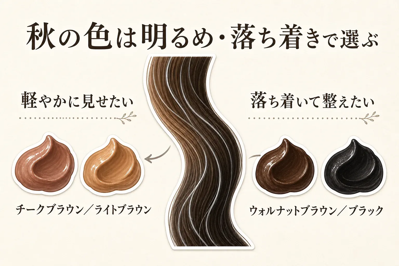 秋のカラートリートメントの色の方向を、軽やかに見せたい場合はLPLPのチークブラウンまたは利尻のライトブラウン、落ち着いて整えたい場合はLPLPのウォルナットブラウンまたは利尻のブラックとして、髪と4色のクリームのイラストで示した図。記事本文と商品説明をもとに作成。