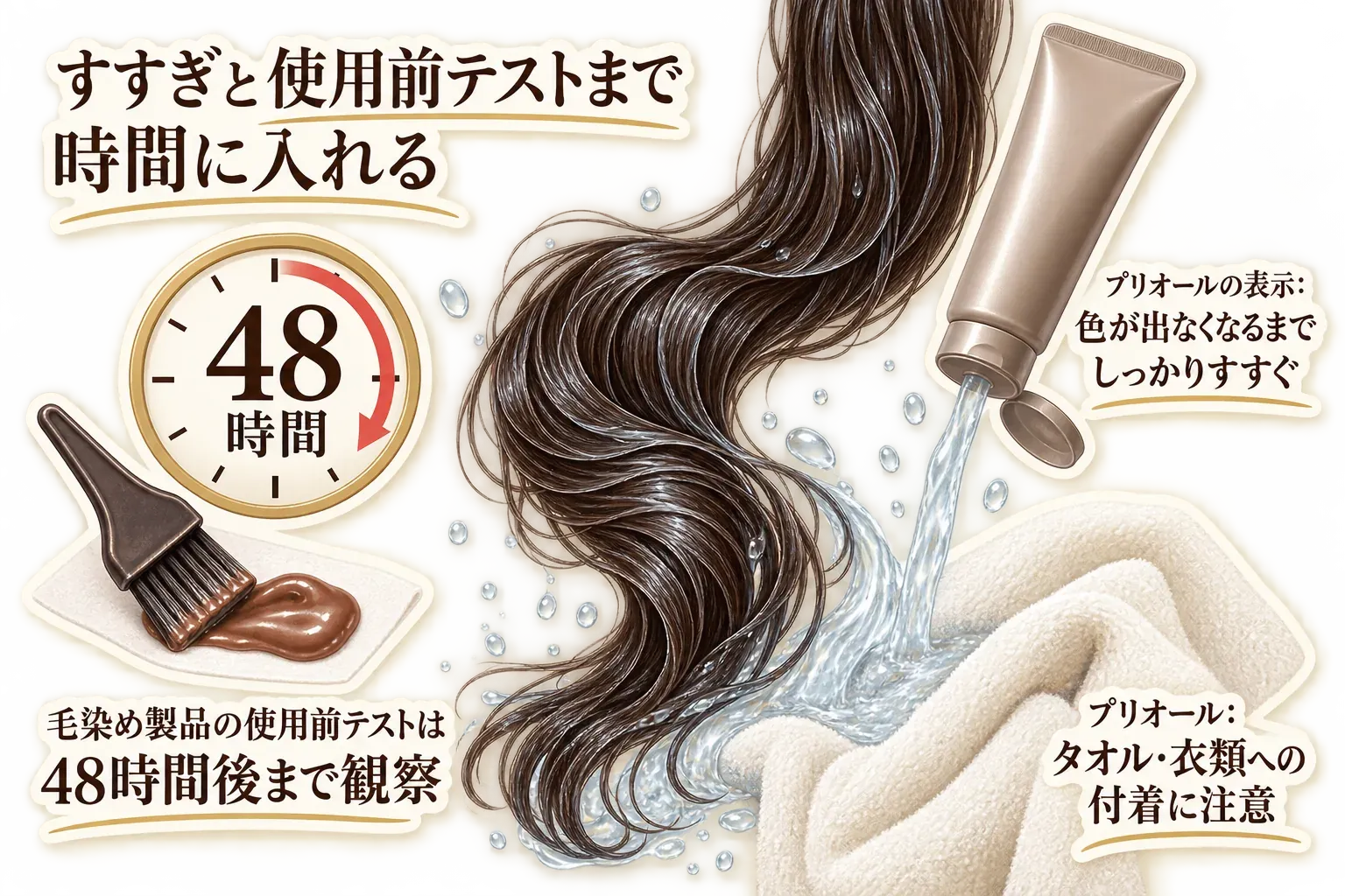 カラーケア商品の使用前後の注意として、すすぎ湯に色が出なくなるまで十分に流すこと、タオルや衣類への色移りに注意して乾かすこと、頭皮や皮膚に異常があるときは使わないこと、使用前テストは48時間後まで観察することを、シャワー・タオル・時計・腕のイラストで示した図。厚生労働省「毛染めによる皮膚障害」と記事本文をもとに作成。