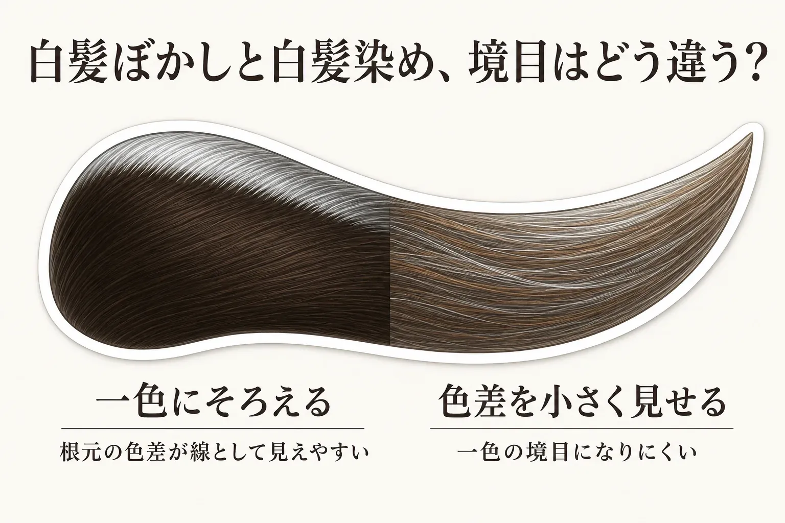 しっかり染める白髪染めは根元の白髪と染めた髪の色差が一本の線として見えやすく、白髪ぼかしカラーは白髪と黒髪の明るさの差を小さくして境目をなじませる様子を比較した図。記事本文をもとに作成。