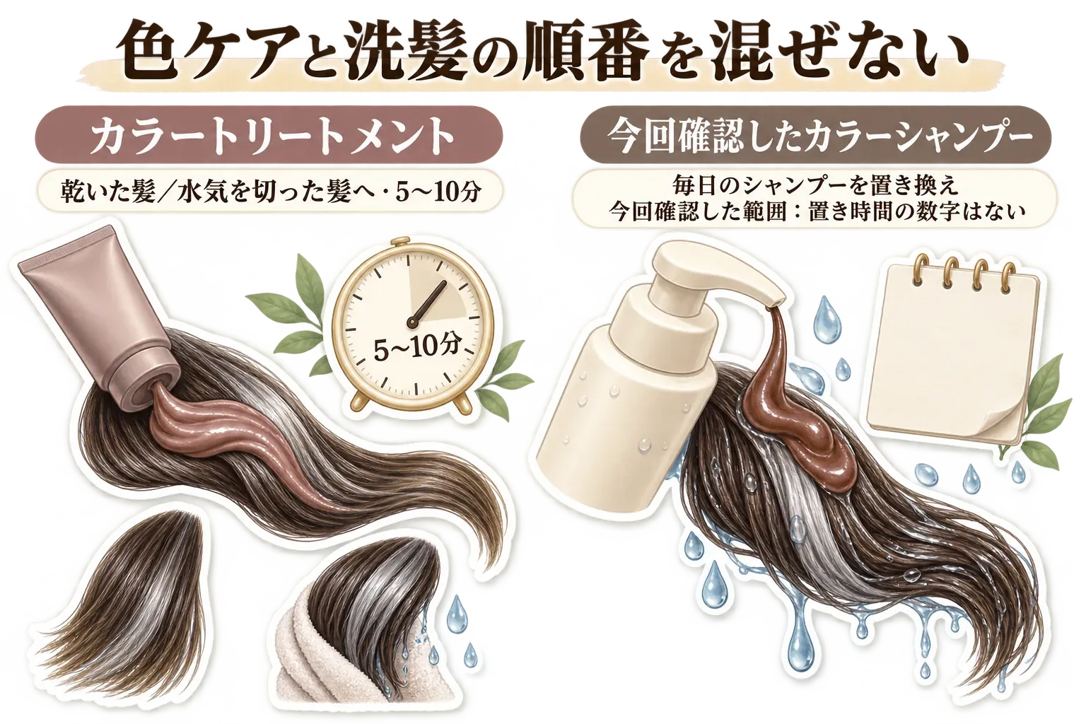 色ケアと洗髪の順番を混ぜないために、カラートリートメントは乾いた髪または水気を切った髪に使い5〜10分置くこと、今回確認したカラーシャンプーは毎日のシャンプーを置き換え、置き時間の数字は確認できなかったことを比較した図。