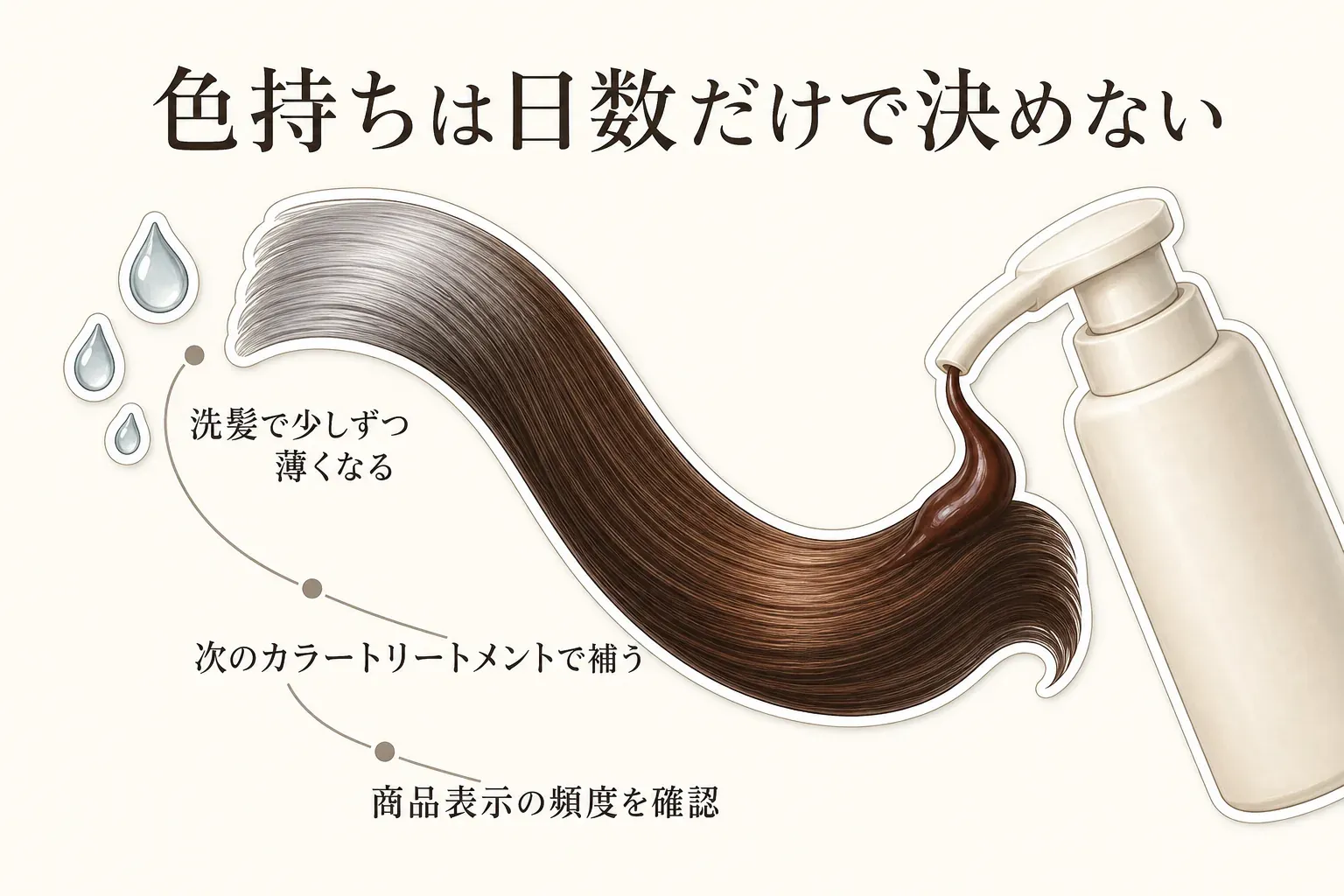 白髪用カラートリートメントの色持ちは日数だけで決めず、洗髪で少しずつ色が薄くなったら、次のカラートリートメントで補い、商品表示の使用頻度を確認する流れを、髪とボトルのイラストで示した図。