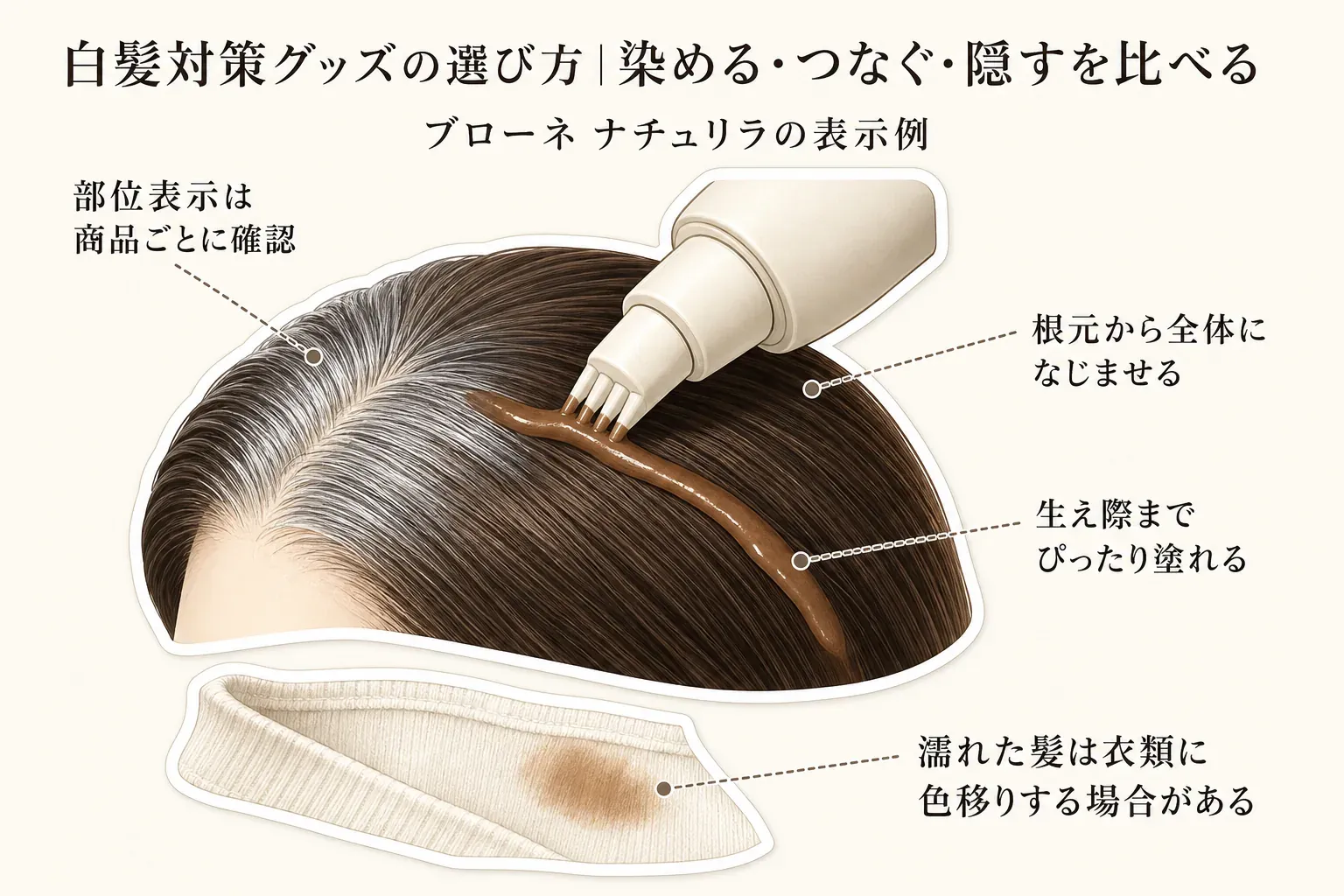 ブローネ ナチュリラの表示例として、生え際までぴったり塗り、根元から髪全体になじませる使い方と、部位表示は商品ごとに確認し、濡れた髪は衣類に色移りする場合があることを、髪・塗布ノズル・衣類のイラストで示した図。