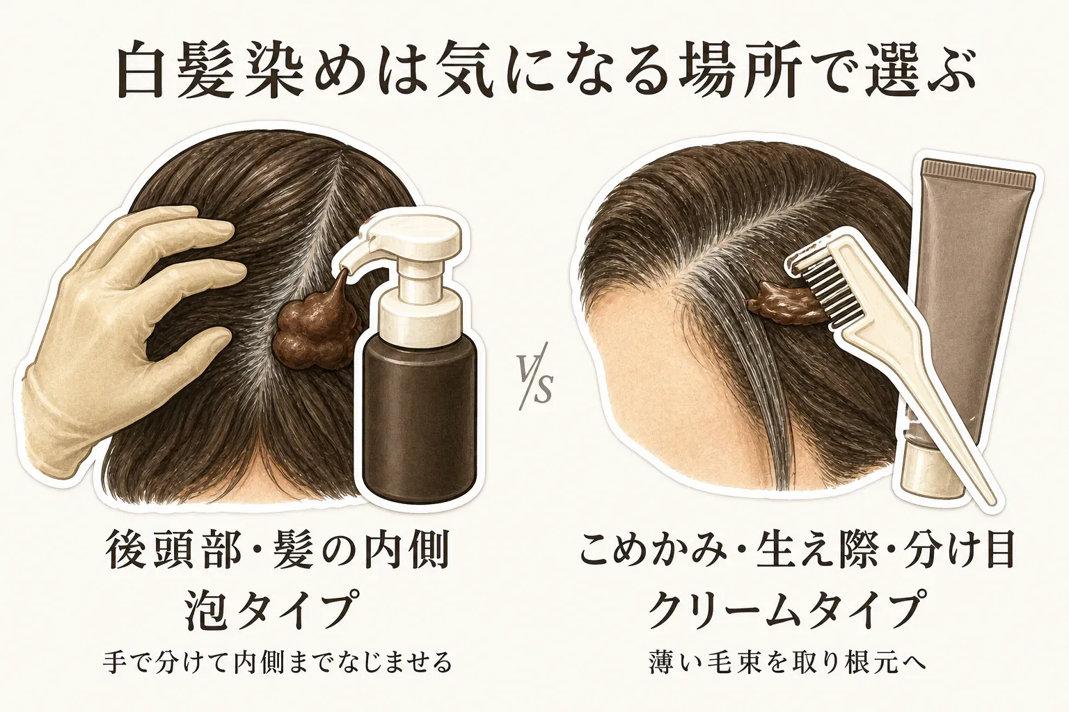 白髪染めは気になる場所で選ぶ図。後頭部・髪の内側は手で分けてなじませる泡タイプ、こめかみ・生え際・分け目は薄い毛束を取り根元へ塗るクリームタイプとして示している。