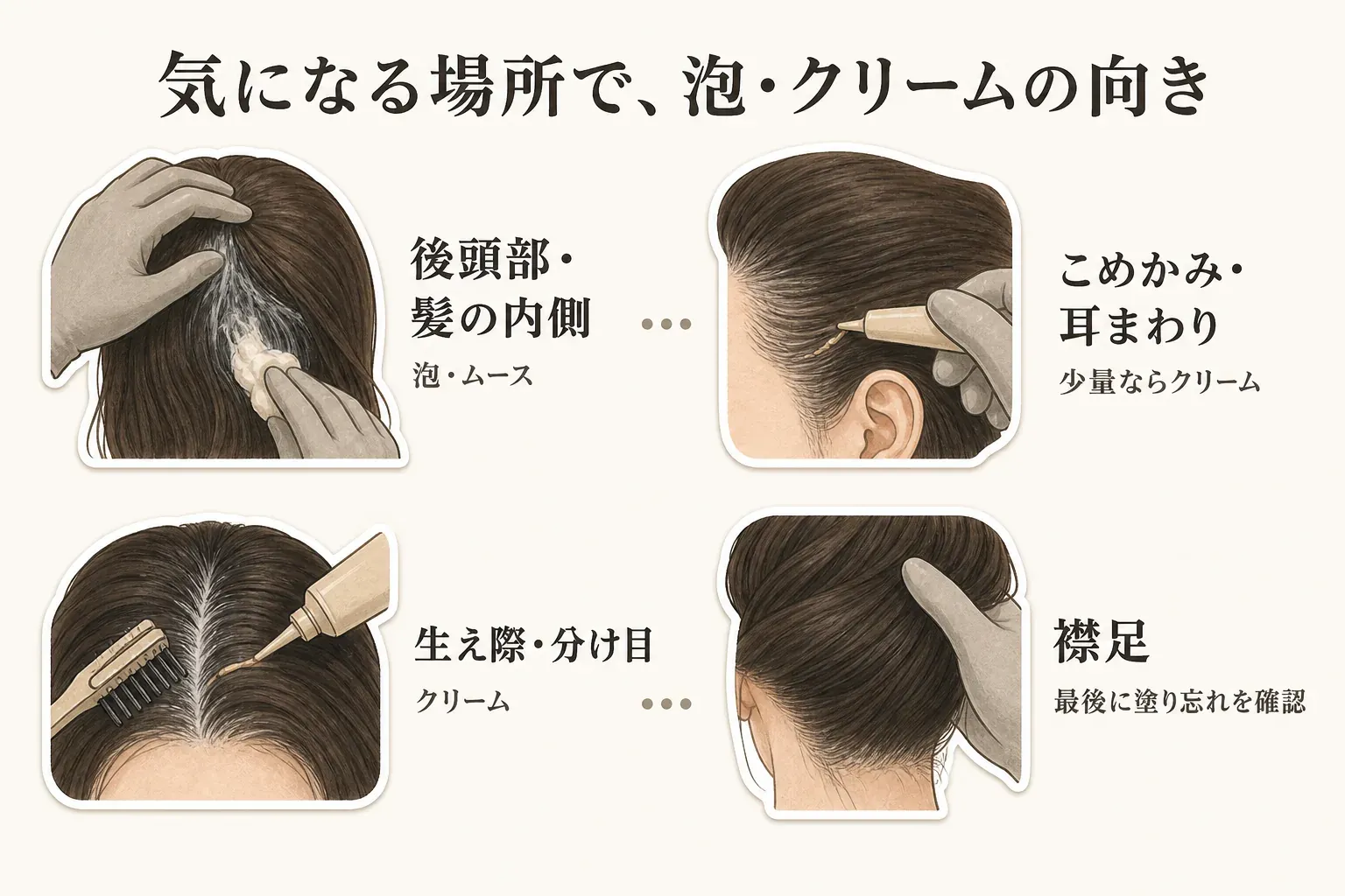 気になる場所に応じた泡・クリームの使い分けを示す図。後頭部・髪の内側は泡・ムース、こめかみ・耳まわりは少量ならクリーム、生え際・分け目はクリーム、襟足は最後に塗り忘れを確認する場所として、髪のイラストで示している。