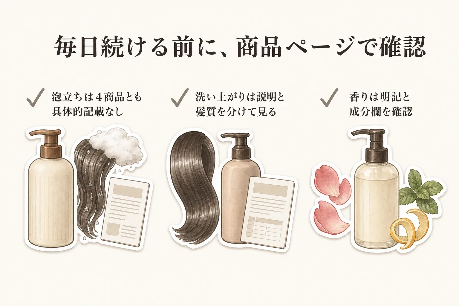 毎日続ける前に商品ページで確認する点として、4商品とも泡立ちの具体的な記載がないこと、洗い上がりは商品説明と髪質を分けて見ること、香りは明記と成分欄を確認することを、シャンプーボトル・髪・商品説明書・花や柑橘のイラストで示した図。記事本文と商品説明をもとに作成。