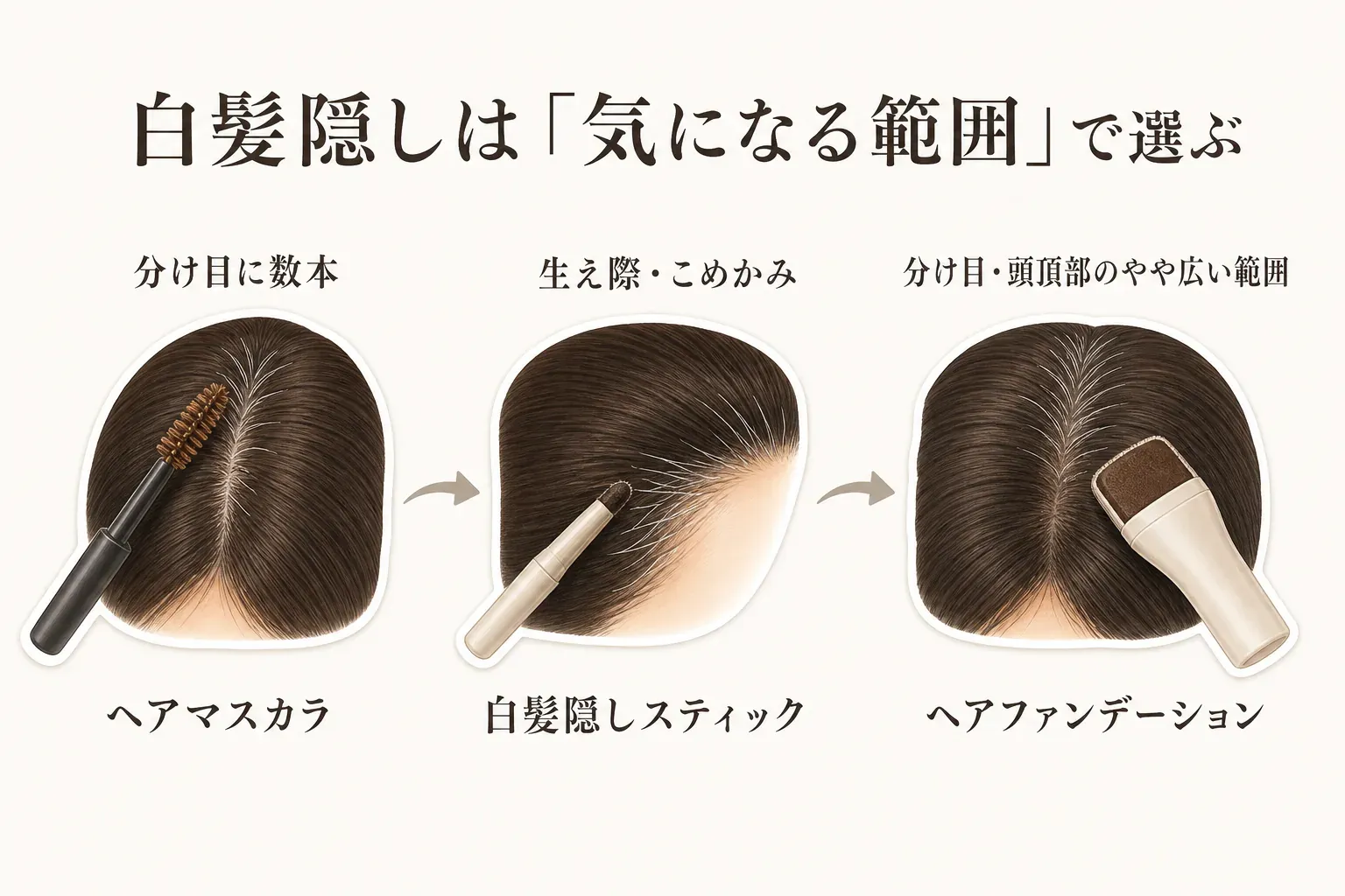 分け目に数本の白髪がある狭い範囲にはブラシ型ヘアマスカラ、額の生え際やこめかみの線状の白髪にはスティック、分け目から頭頂部にかけてのやや広い範囲にはヘアファンデーションを対応させ、塗る範囲の違いを髪のイラストで示した図。記事本文をもとに作成。