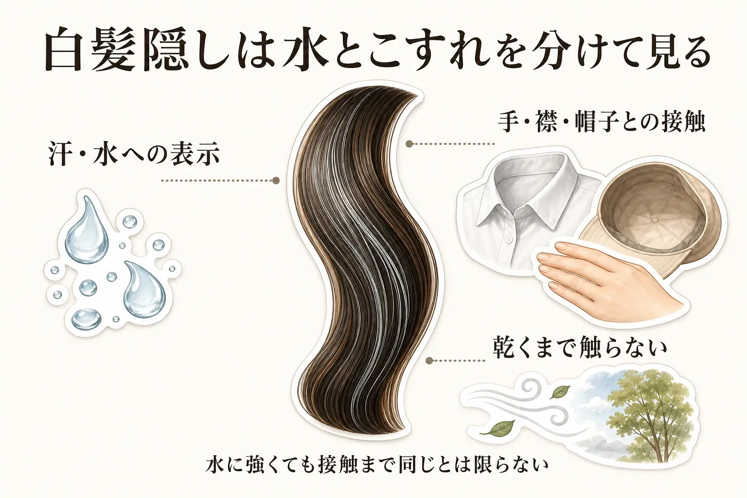 白髪隠しの色移りについて、手で髪を直す、白い襟や肩に髪が触れる、帽子をかぶる、汗や雨に濡れる、帰宅後に洗髪する場面ごとに、水への強さと摩擦・接触への注意を分けて確認するポイントを示した図。国民生活センターと花王の案内をもとに作成。